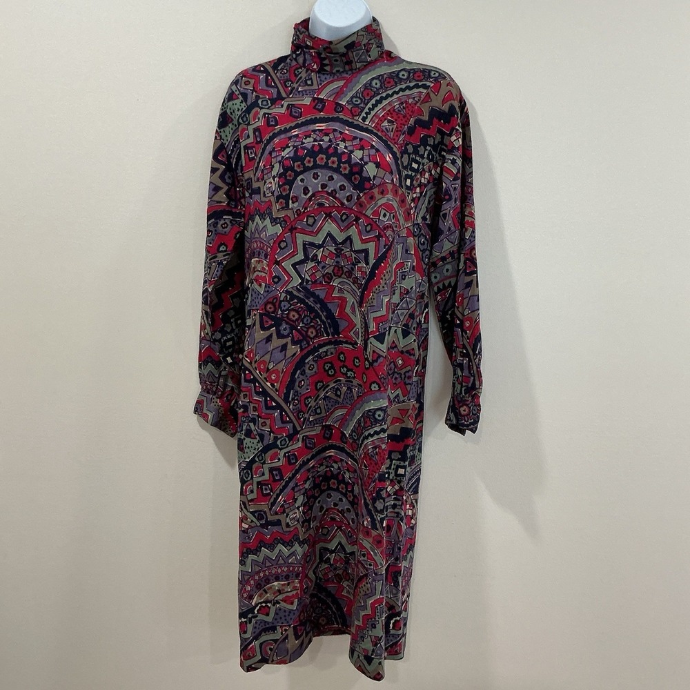 Vintage Liberty London 100% Wool Geometric Dress Funnel Neck Size 8 Boho Artsy